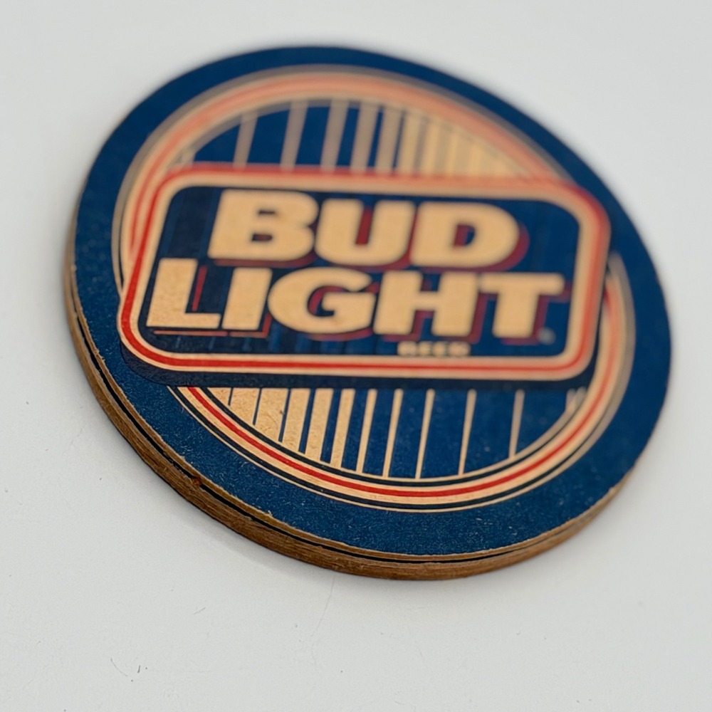 Vintage Bud Light Beer Coasters Set of 4 Round Cardboard Blue Red Retro Barware